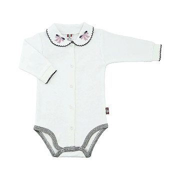 White bodysuit with a fancy collar, decorated with gray details 