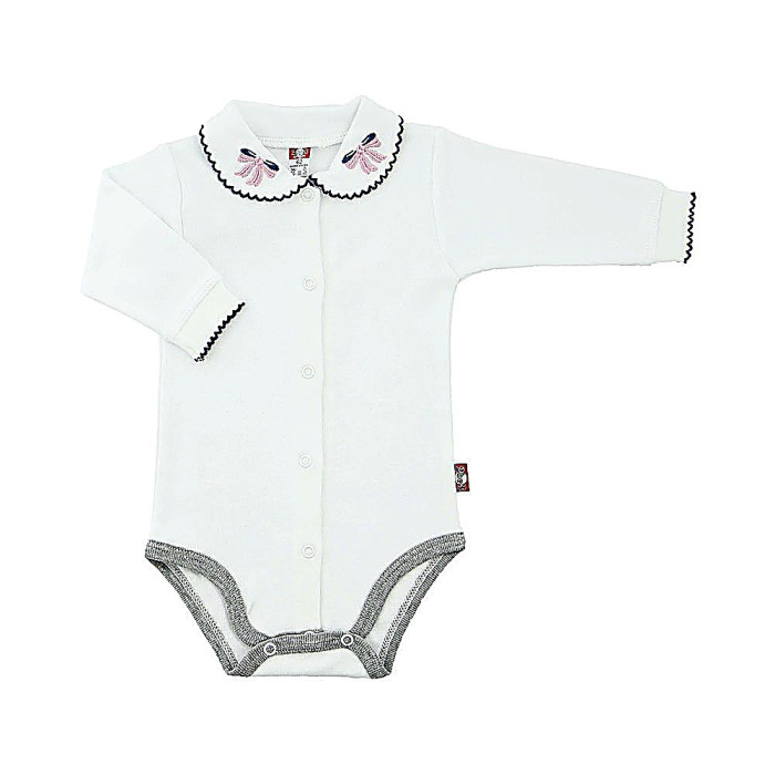 White bodysuit with a fancy collar, decorated with gray details 