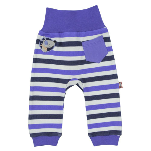 Blue striped pants with a puppy application 