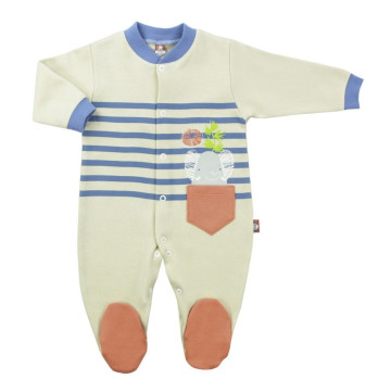 Sand colored rompers decorated with blue stripes 
