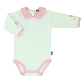 Sand colored romper with pink collar „Drambliukas“