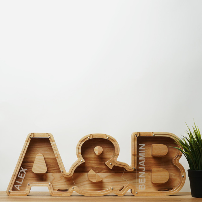 Wooden Double Couple Piggy Bank (A-Z, engraving)