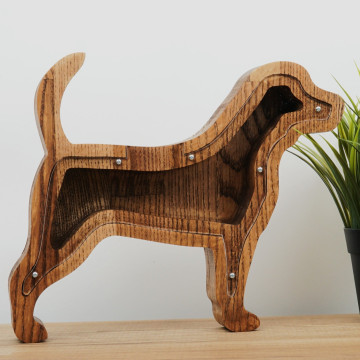 Wooden Dog Piggy Bank (Brown, Engraving)