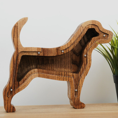 Wooden Dog Piggy Bank (Brown, Engraving)