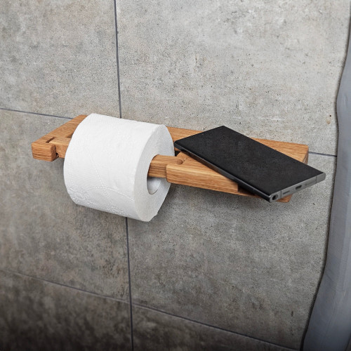 Wooden Toilet Paper Holder with Shelf and Phone Slot